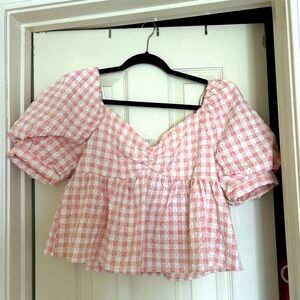Impeccable Pig, Pink and White puff sleeve blouse - size small